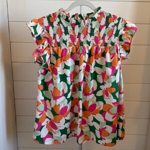 BiBi Floral Ruffle Blouse - Pink, Orange, Green